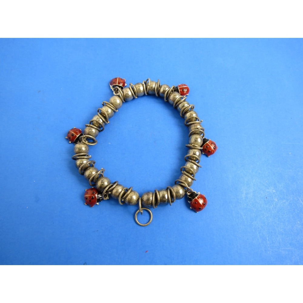 Silver Tone Metal Bead Stretch Bracelet Ladybug Charms CUTE!